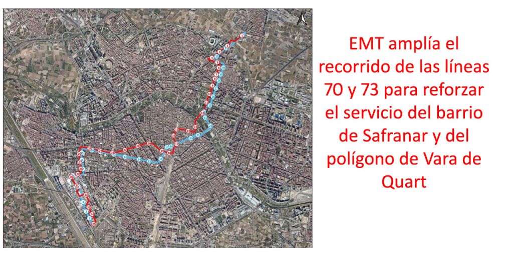  EMT amplía el recorrido de las líneas 70 y 73 para reforzar el servicio del barrio de Safranar y del polígono de Vara de Quart