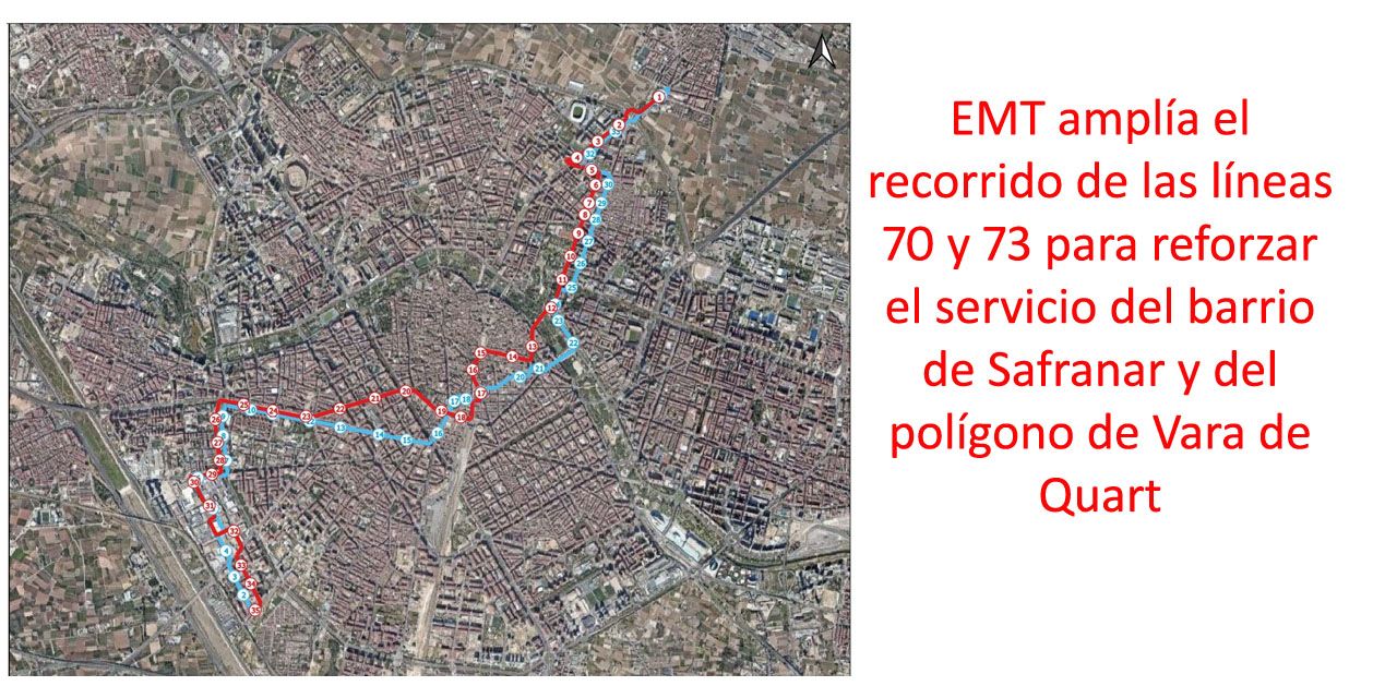  EMT amplía el recorrido de las líneas 70 y 73 para reforzar el servicio del barrio de Safranar y del polígono de Vara de Quart